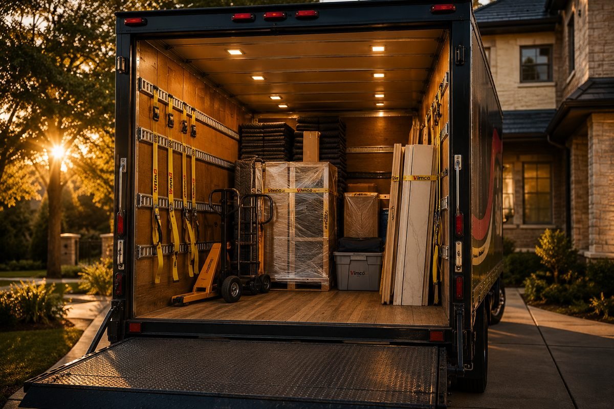 Interior of the VimGO box truck showing E-track rails, ratchet tie-downs, pallet jack and stone slabs secured for transport