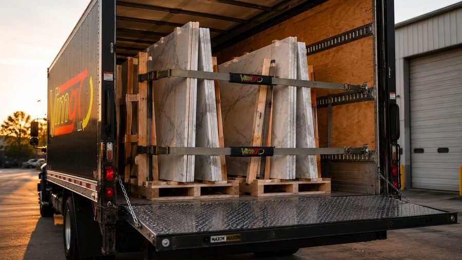 Marble countertop slabs strapped and loaded for transport in the VimGO box truck