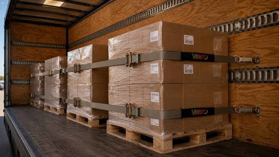 Pallets secured with ratchet tie-downs inside a freight truck
