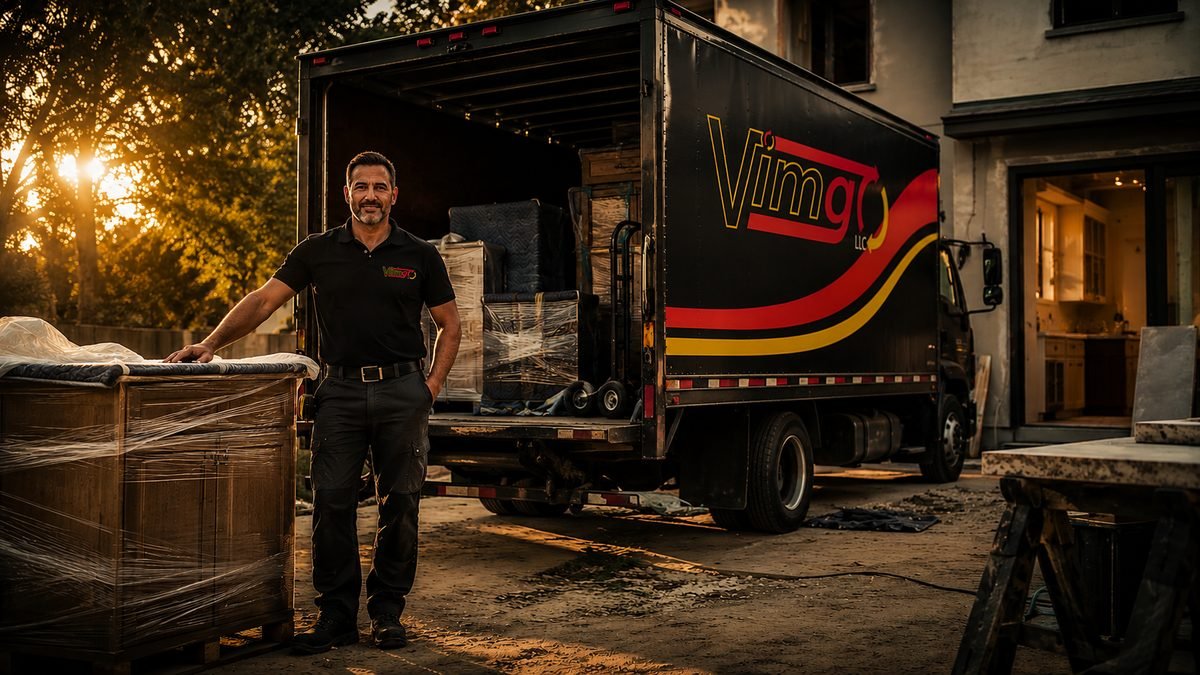 VimGO LLC owner standing beside a wrapped dresser next to the open box truck