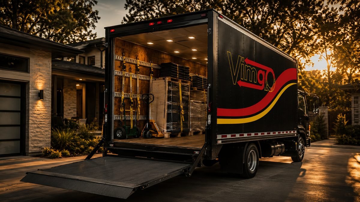 Open VimGO box truck loaded with wrapped furniture at a driveway
