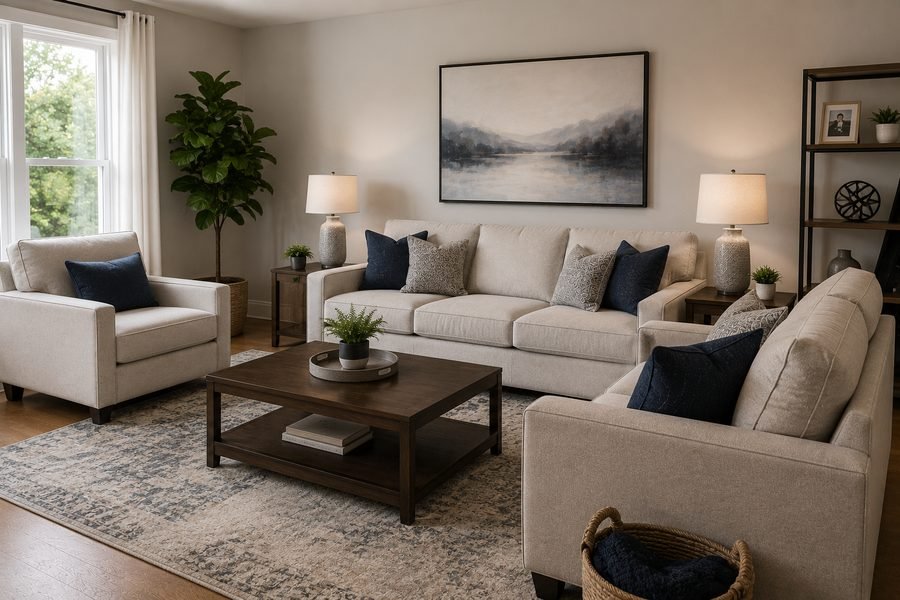 Living room furniture set up and arranged at the new destination